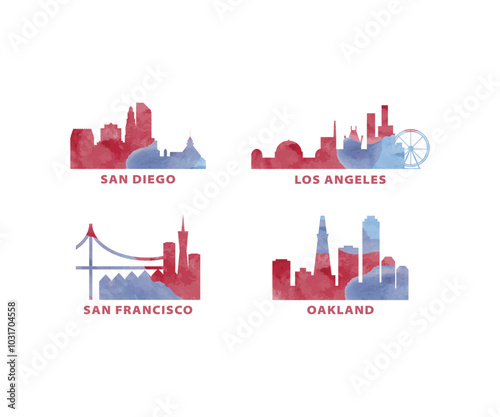 USA, United States cities skyline vector logo, icon set. California state San Diego, San Francisco, Los Angeles, Oakland silhouette. Isolated graphic America collection