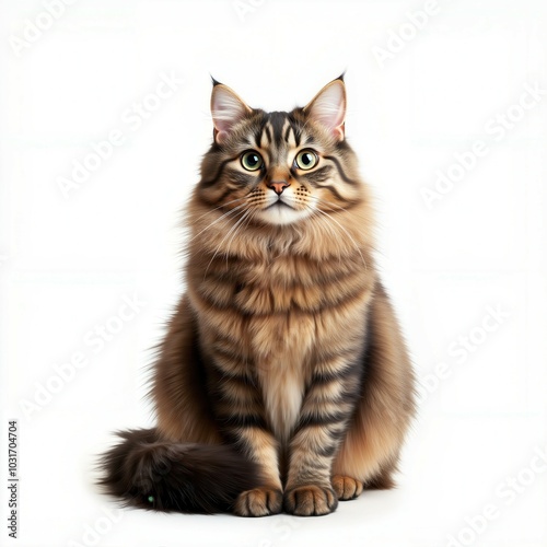 Fluffy tabby cat, white isolate background