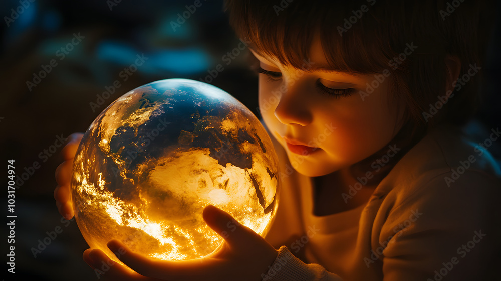 Naklejka premium A child holding a glowing model of the Earth while imagining traveling to different planets.