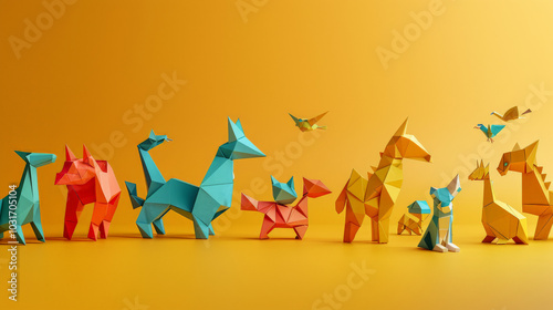 Colorful origami animals including dogs, cats, and birds on vibrant yellow background create playful and imaginative scene. This artistic display showcases creativity and spatial reasoning