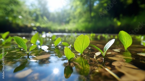 Lush green leaves emerging from water in a serene natural setting.