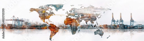 Global logistics network visualized with warehouse locations and stock levels on a world map, global inventory tracking, international logistics