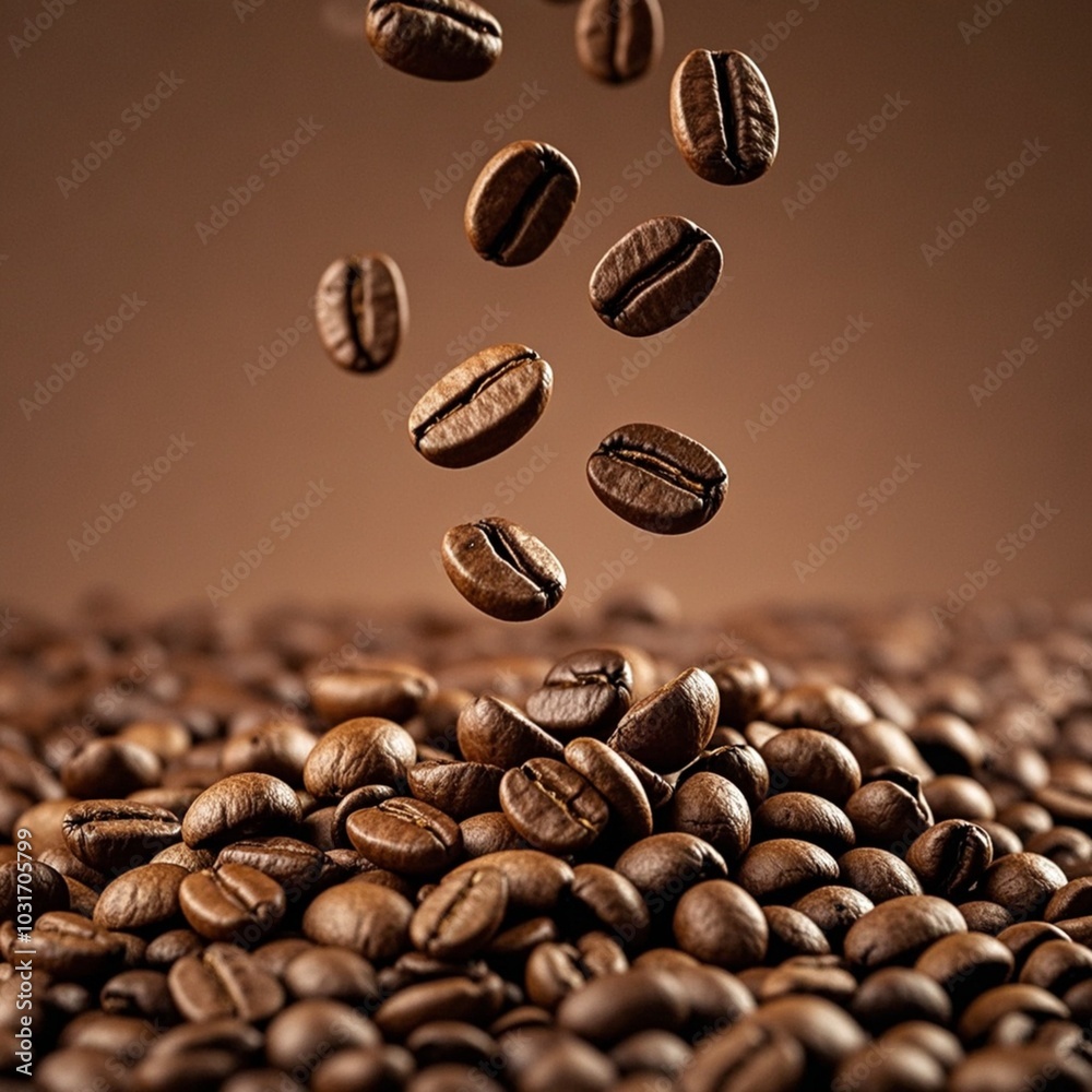 Brown coffee beans falling and flying on Brown background