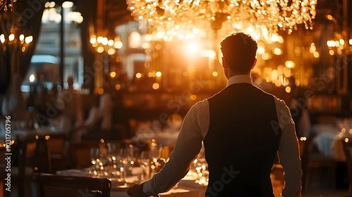 Matre d  Guiding Guests to Their Table in Luxurious Restaurant Under Warm Glow of Crystal Chandeliers photo