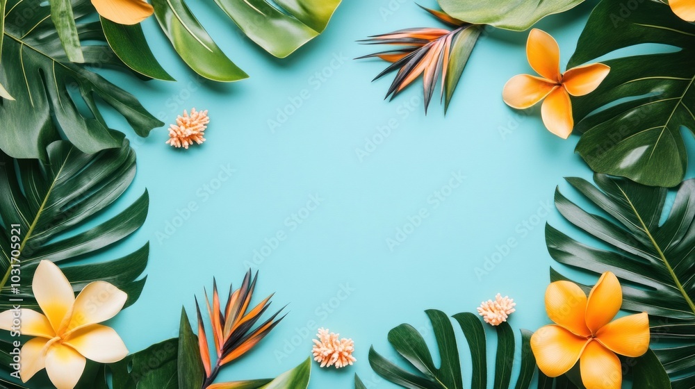 A vibrant arrangement of tropical leaves and flowers on a blue background. A vibrant arrangement of tropical leaves and flowers on a blue background.