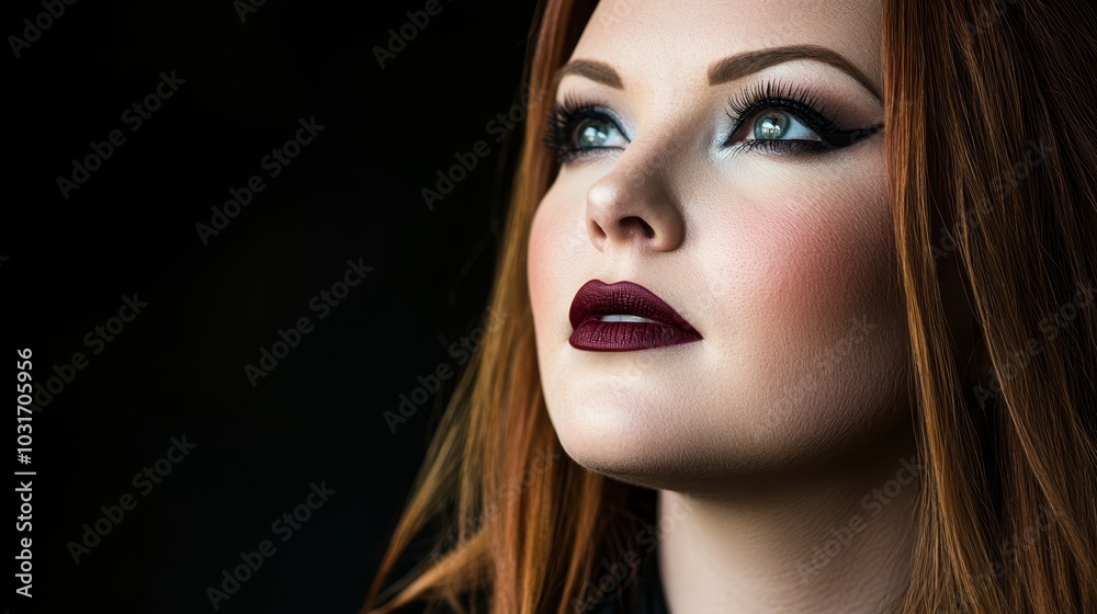 A tight shot of a woman with long red hair and applied blue eyeshadow, along with red lipstick on her full lips A tight shot of a woman with long red hair and applied blue eyeshadow, along with red lipstick on her full lips