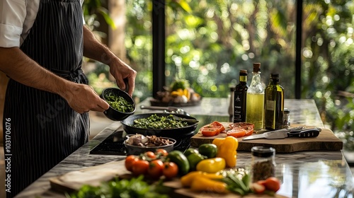 Fototapeta Naklejka Na Ścianę i Meble -  Gourmet Chef Preparing Exquisite Meal in Private Villa Kitchen with Fresh Local Ingredients