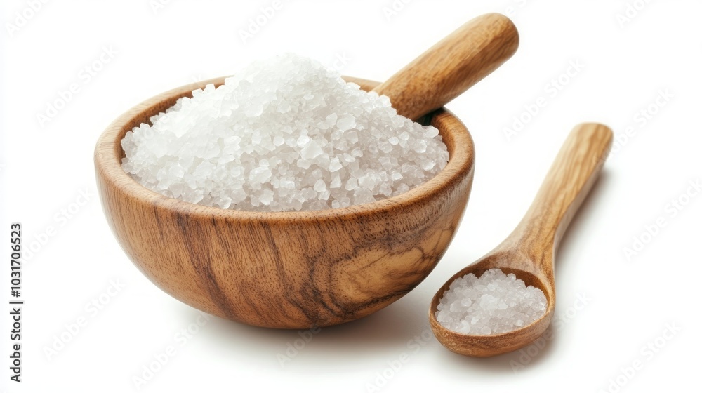 A wooden bowl filled with white sea salt, with a wooden spoon beside it, both containing a small amount of salt. A wooden bowl filled with white sea salt, with a wooden spoon beside it, both containing a small amount of salt.