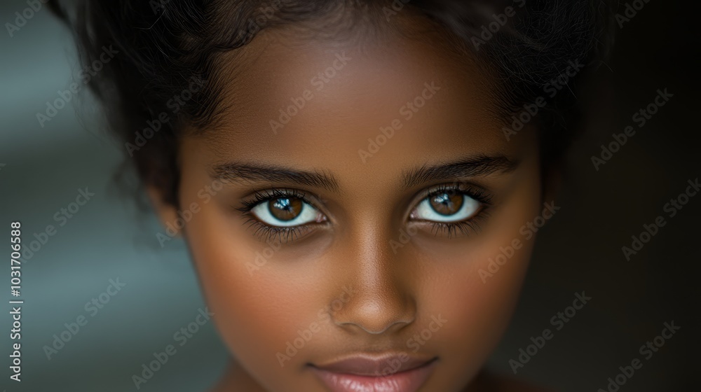 A tight shot of a young woman's face Her blue eyes are accentuated by eyeshadow A necklace adorns her neck A tight shot of a young woman's face Her blue eyes are accentuated by eyeshadow A necklace adorns her neck