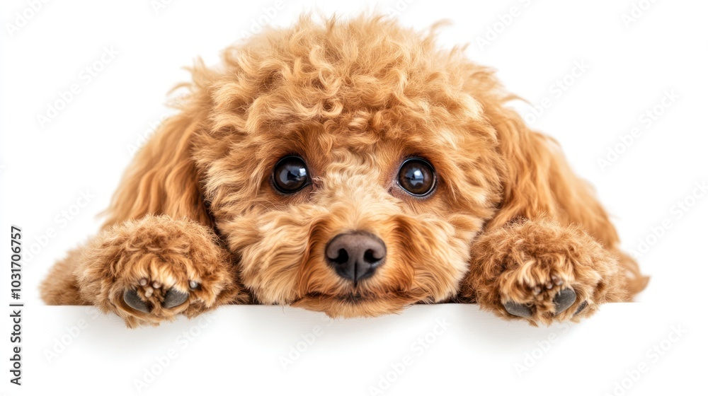 A cute, fluffy dog with big eyes resting its head on a surface.