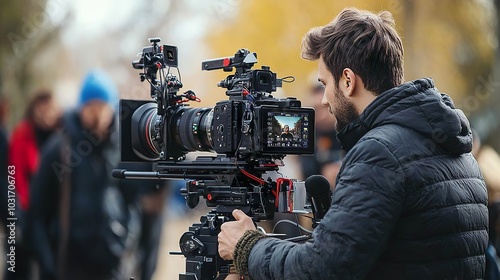 A filmmaker directing a scene on set, guiding actors and camera crews in a creative occupation centered around storytelling photo