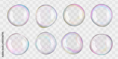 Soap bubbles float 3D on isolated background. Glossy translucent rainbow-colored spheres flare in air. Light glowing bath foam, carbonated frothy fizz drinks, and magic ball luxury glass effect.