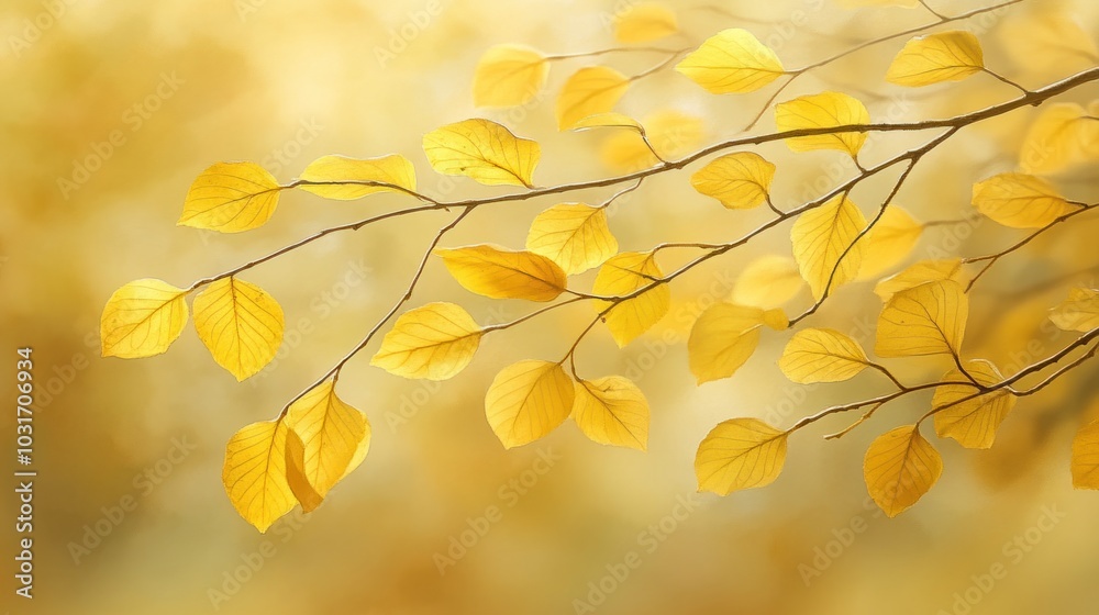 A close-up of a branch with vibrant yellow leaves against a soft, blurred background. A close-up of a branch with vibrant yellow leaves against a soft, blurred background.
