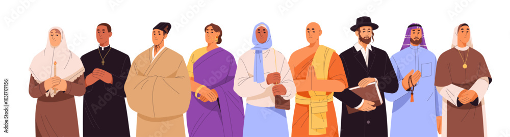 People with different religions. Row of Christian, Muslim, Buddhism, Judaism clergy. Diverse religious cultures. Various holy monk, priest stand together. Flat isolated vector illustration on white People with different religions. Row of Christian, Muslim, Buddhism, Judaism clergy. Diverse religious cultures. Various holy monk, priest stand together. Flat isolated vector illustration on white