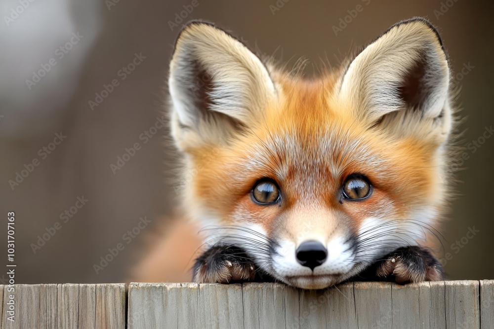 A tight shot of a fox perched on a fence, its head leaned against a wooden plank, eyes fixed and wide open A tight shot of a fox perched on a fence, its head leaned against a wooden plank, eyes fixed and wide open