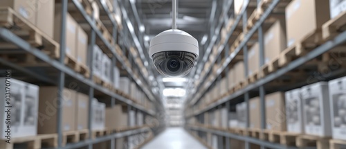 Warehouse with ceilingmounted cameras tracking inventory in real time, providing 360degree visibility, camera tracking, advanced surveillance logistics photo