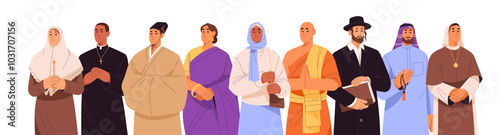 People with different religions. Row of Christian, Muslim, Buddhism, Judaism clergy. Diverse religious cultures. Various holy monk, priest stand together. Flat isolated vector illustration on white