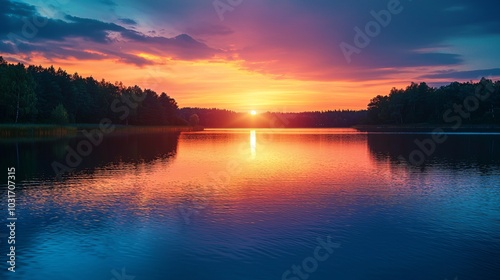 A peaceful twilight casts brilliant hues on a still lake, with shadowy trees enhancing the serene atmosphere.