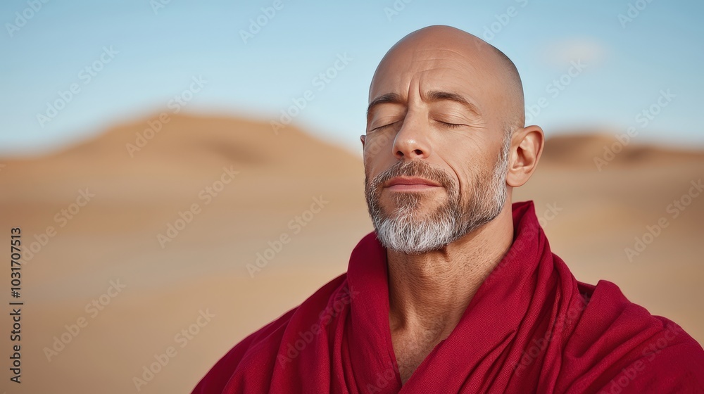 Meditating Man in Red Robe in Desert Landscape Meditating Man in Red Robe in Desert Landscape