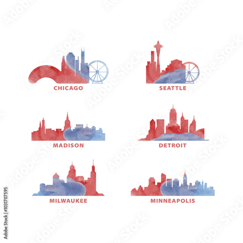 USA, United States  vector logo, icon set. Wisconsin, Minnesota, Illinois, Michigan, Washington state Chicago, Seattle, Madison, Detroit, Milwaukee, Minneapolis city skyline graphic collection