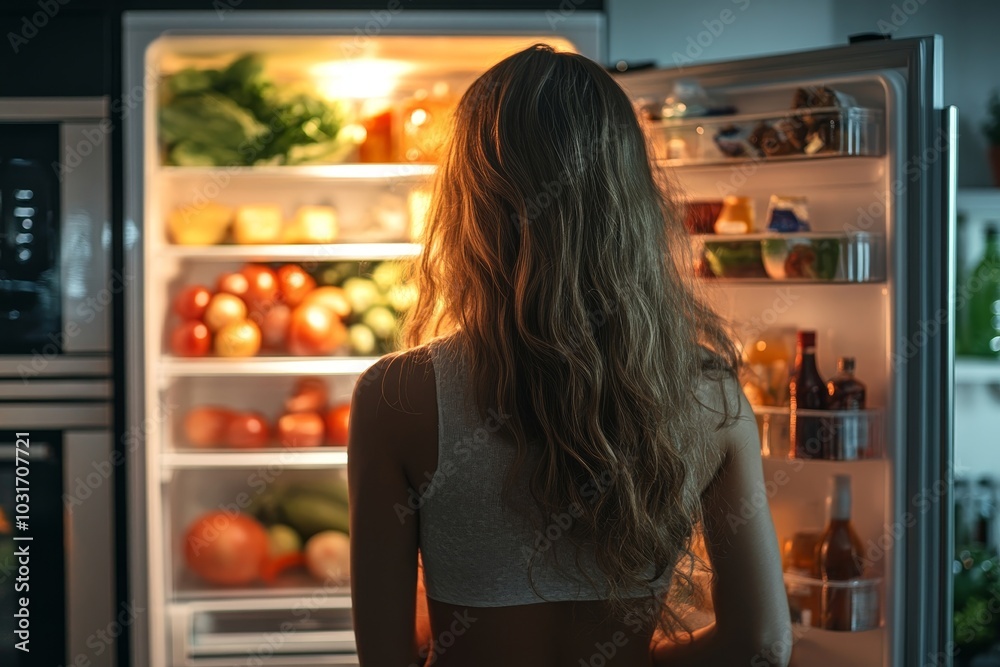 Lady looking inside of fridge while standing in kitchen, opening refrigerator and searching for food, rear view with copy space, Generative AI Lady looking inside of fridge while standing in kitchen, opening refrigerator and searching for food, rear view with copy space, Generative AI