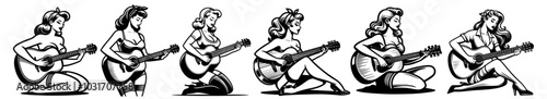 vintage pin-up girl strumming guitar in retro music scene black vector