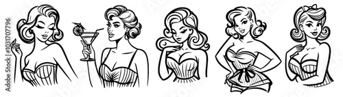 pin-up girls in vintage swimsuits and sun hats enjoying summer on the beach black vector