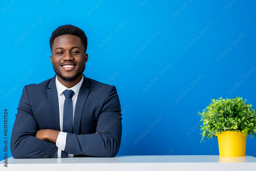 A man in a suit is sitting at a desk with a plant in front of him A man in a suit is sitting at a desk with a plant in front of him