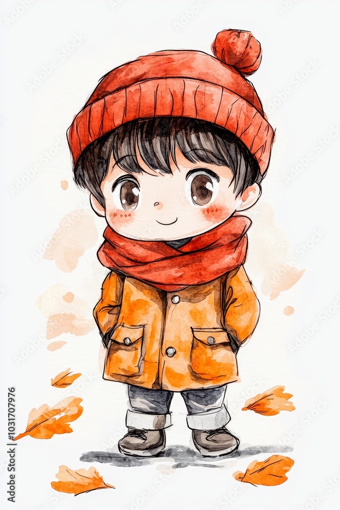 A boy in a red hat wears a yellow coat, accessorized with a red scarf A boy in a red hat wears a yellow coat, accessorized with a red scarf