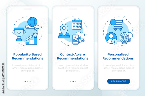 Recommendation methodologies blue onboarding mobile app screen. Walkthrough 3 steps editable graphic instructions with linear concepts. UI, UX, GUI template. Montserrat SemiBold, Regular fonts used