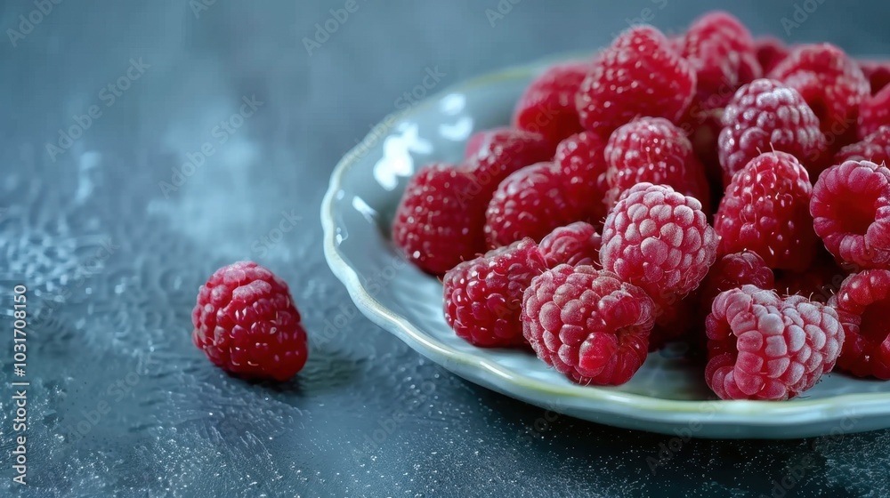 Fresh Raspberries on a Plate with Dew Drops