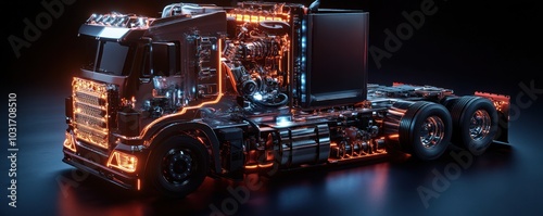 Futuristic Semi-Truck with Neon Highlights and Detailed Engineering photo