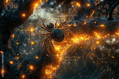 The trickster spider from African mythology, weaving an intricate, glowing web in the branches of a mystical tree photo