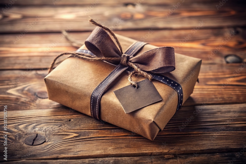 Thoughtful Father's Day Gift Wrapped in Brown Paper with Ribbon and Tag Thoughtful Father's Day Gift Wrapped in Brown Paper with Ribbon and Tag