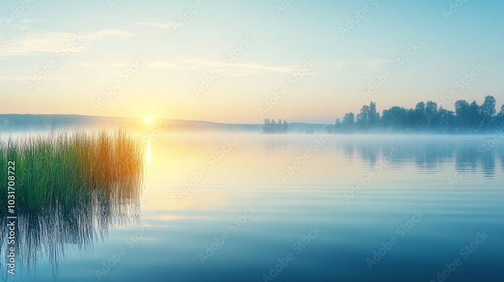 Serene Lake Sunrise with Misty Forest and Grass Reflections Serene Lake Sunrise with Misty Forest and Grass Reflections