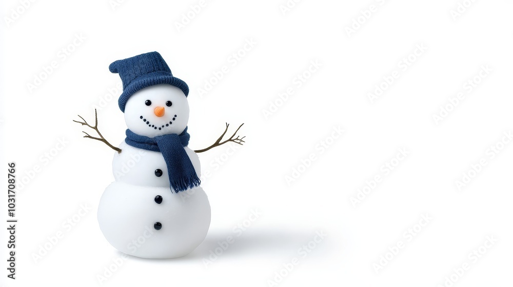 A cheerful snowman wearing a blue hat and scarf stands on a white background, symbolizing winter, joy, playfulness, friendship, and festive spirit. A cheerful snowman wearing a blue hat and scarf stands on a white background, symbolizing winter, joy, playfulness, friendship, and festive spirit.
