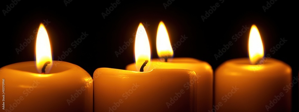 Flickering Candles in Darkness, a serene ambiance created by a row of identical candles casting gentle light in a tranquil setting