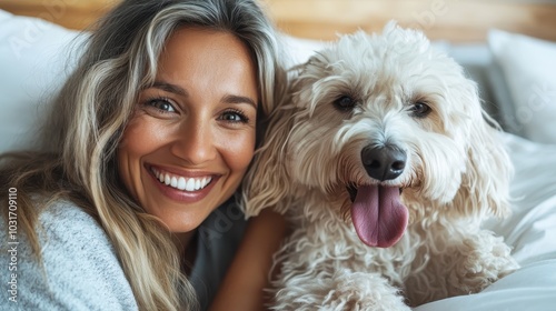 A laughing woman with silver hair delights in a relaxing moment with her cheerful dog on a bed, evoking themes of happiness, love, and tranquility in a serene bedroom.