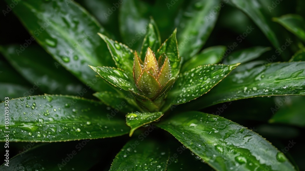 A detailed close-up captures the freshness of a green plant with glistening leaves and a budding flower, symbolizing nature's beauty and renewal. A detailed close-up captures the freshness of a green plant with glistening leaves and a budding flower, symbolizing nature's beauty and renewal.