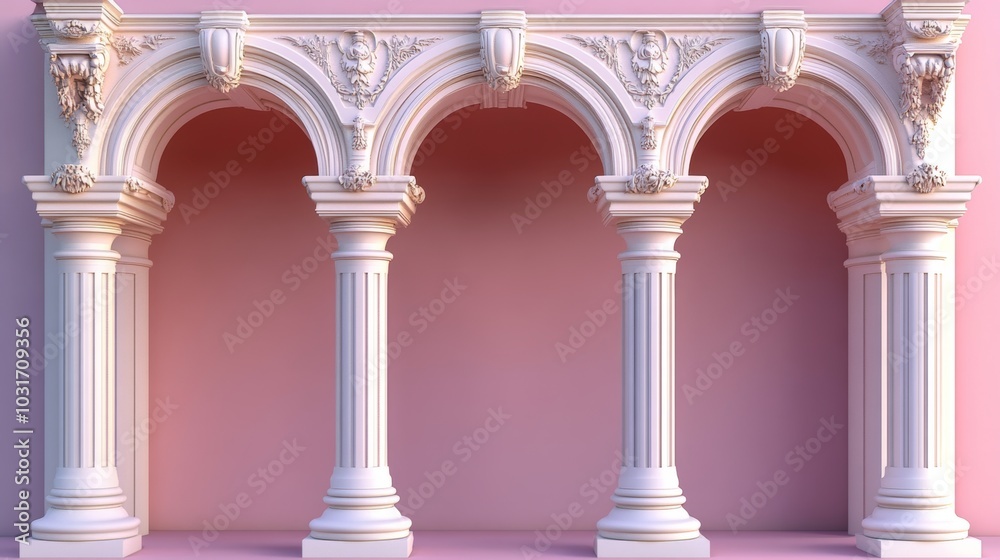 Fototapeta premium Classic White Columns Archway with Pink Wall Background Architectural Design Element