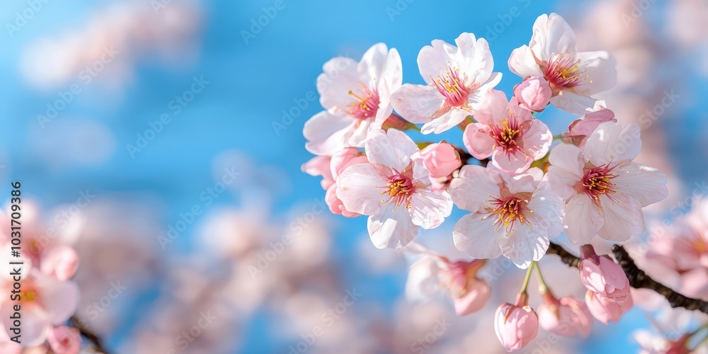 Blooming Pink Cherry Blossoms Against Blue Sky Spring Flowers Nature Background Blooming Pink Cherry Blossoms Against Blue Sky Spring Flowers Nature Background