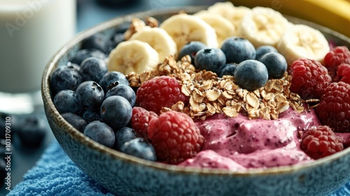 A vibrant breakfast bowl filled with banana slices, blueberries, raspberries, and granola, set on a textured blue towel with a glass of milk in the background.