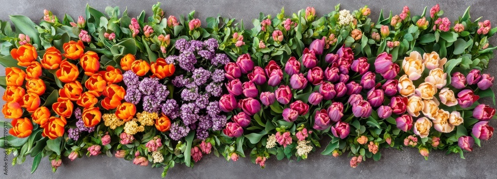 A Colorful Row of Tulips and Flowers on a Grey Surface