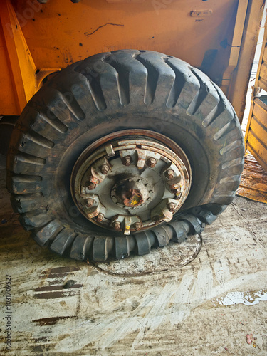 flat tire of heavy equipment container handler forklift