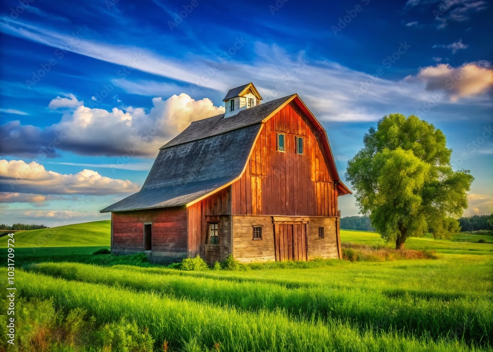 Tilted Old Barn House Surrounded by Green Fields and Clear Blue Sky in Rustic Farm Landscape Photography Tilted Old Barn House Surrounded by Green Fields and Clear Blue Sky in Rustic Farm Landscape Photography