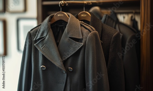 Two dark coats hanging on wooden hangers.