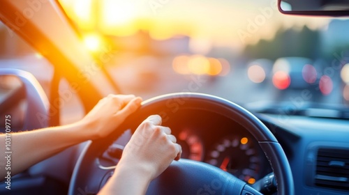 Hands on Steering Wheel Driving Car in Sunset Traffic