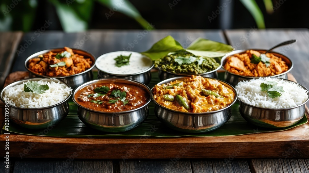 A traditional Indian thali adorned with various flavorful dishes, each offering a unique taste experience, presented on a banana leaf for an authentic dining delight. A traditional Indian thali adorned with various flavorful dishes, each offering a unique taste experience, presented on a banana leaf for an authentic dining delight.