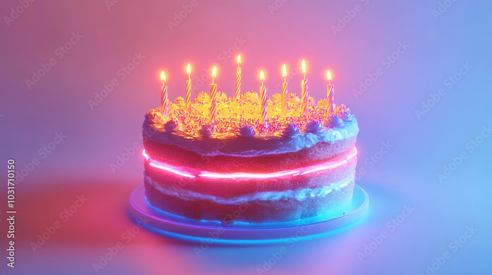 A glowing neon birthday cake with holographic layers and levitating sprinkles for a futuristic celebration