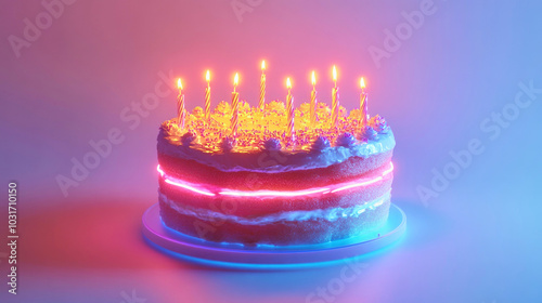 Obraz na płótnie A glowing neon birthday cake with holographic layers and levitating sprinkles for a futuristic celebration w salonie